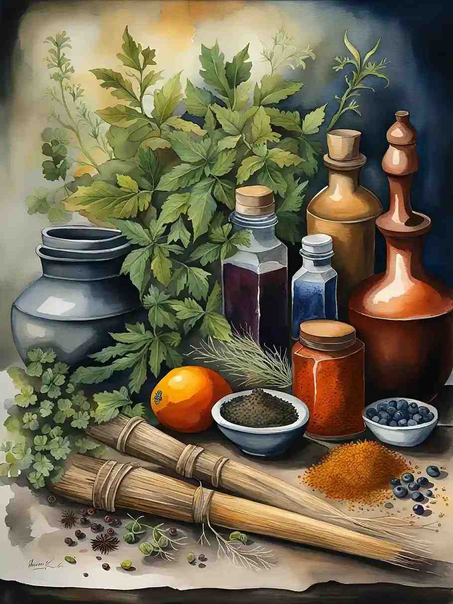 Herbal nutrition and wellness illustration.